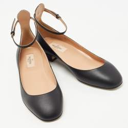 Pre Owned Valentino Black Leather Ankle Strap Ballet Flats Size 38