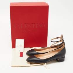 Pre Owned Valentino Black Leather Ankle Strap Ballet Flats Size 38