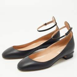 Pre Owned Valentino Black Leather Ankle Strap Ballet Flats Size 38