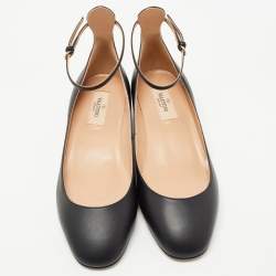 Pre Owned Valentino Black Leather Ankle Strap Ballet Flats Size 38