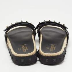 Pre Owned Valentino Black Leather Rockstud Espadrilles Flats  Size 39 