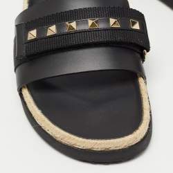 Pre Owned Valentino Black Leather Rockstud Espadrilles Flats  Size 39 