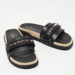 Pre Owned Valentino Black Leather Rockstud Espadrilles Flats  Size 39 