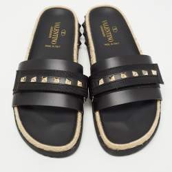 Pre Owned Valentino Black Leather Rockstud Espadrilles Flats  Size 39 