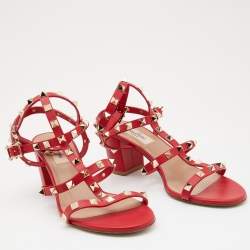 Pre Owned Valentino Red Leather Rockstud Ankle Strap Sandals Size 38