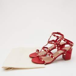 Pre Owned Valentino Red Leather Rockstud Ankle Strap Sandals Size 38