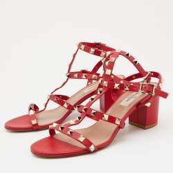 Pre Owned Valentino Red Leather Rockstud Ankle Strap Sandals Size 38