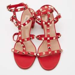 Pre Owned Valentino Red Leather Rockstud Ankle Strap Sandals Size 38