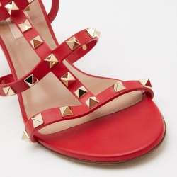 Pre Owned Valentino Red Leather Rockstud Ankle Strap Sandals Size 38