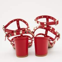 Pre Owned Valentino Red Leather Rockstud Ankle Strap Sandals Size 38