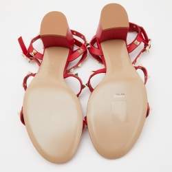 Pre Owned Valentino Red Leather Rockstud Ankle Strap Sandals Size 38