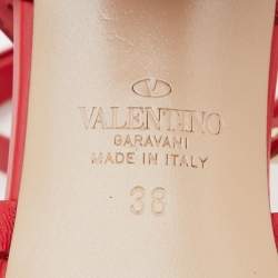 Pre Owned Valentino Red Leather Rockstud Ankle Strap Sandals Size 38
