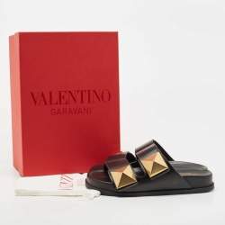 Pre Owned Valentino Black Leather Stud  Slide Flats Size 37
