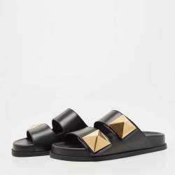 Pre Owned Valentino Black Leather Stud  Slide Flats Size 37