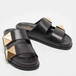 Pre Owned Valentino Black Leather Stud  Slide Flats Size 37