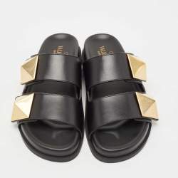 Pre Owned Valentino Black Leather Stud  Slide Flats Size 37