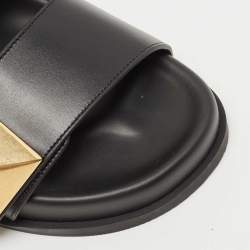 Pre Owned Valentino Black Leather Stud  Slide Flats Size 37