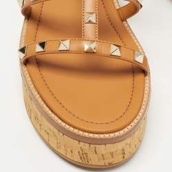 Valentino Brown Leather Rockstud Slide Sandals Size 39