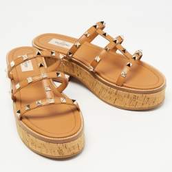 Valentino Brown Leather Rockstud Slide Sandals Size 39