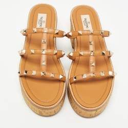 Valentino Brown Leather Rockstud Slide Sandals Size 39