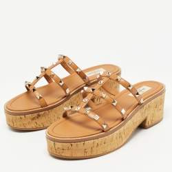 Valentino Brown Leather Rockstud Slide Sandals Size 39