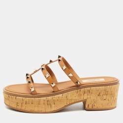 Valentino Brown Leather Rockstud Slide Sandals Size 39