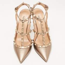 Pre Owned Valentino Metallic Leather Rockstud Strappy Pointed Toe Pumps Size 40.5