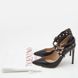 Pre Owned Valentino Black Leather Rockstud  Ankle Wrap Pumps Size 40