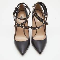 Pre Owned Valentino Black Leather Rockstud  Ankle Wrap Pumps Size 40