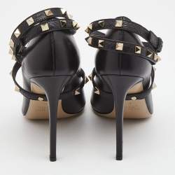 Pre Owned Valentino Black Leather Rockstud  Ankle Wrap Pumps Size 40