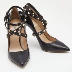 Pre Owned Valentino Black Leather Rockstud  Ankle Wrap Pumps Size 40