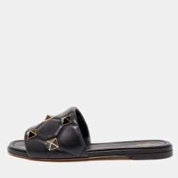Pre Owned Valentino Black Leather Roman Stud Flat Slides Size 39