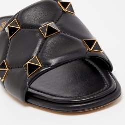 Pre Owned Valentino Black Leather Roman Stud Flat Slides Size 39