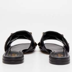 Pre Owned Valentino Black Leather Roman Stud Flat Slides Size 39