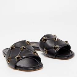 Pre Owned Valentino Black Leather Roman Stud Flat Slides Size 39