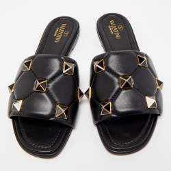 Pre Owned Valentino Black Leather Roman Stud Flat Slides Size 39