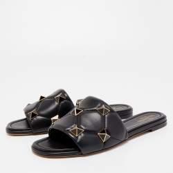 Pre Owned Valentino Black Leather Roman Stud Flat Slides Size 39