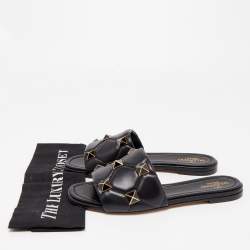 Pre Owned Valentino Black Leather Roman Stud Flat Slides Size 39