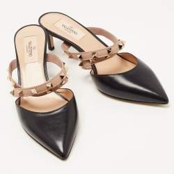 Pre Owned Valentino Black/Dusty Pink Leather Rockstud Mules Size 37