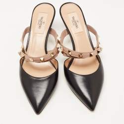 Pre Owned Valentino Black/Dusty Pink Leather Rockstud Mules Size 37