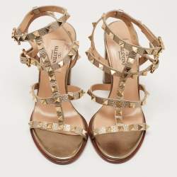 Pre Owned Valentino Metallic Leather Rockstud Ankle Strap Sandals Size 35