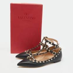Pre Owned Valentino Black Leather Rockstud Flat Ankle Strap Sandals Size 37