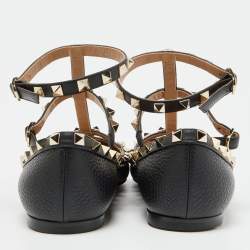 Pre Owned Valentino Black Leather Rockstud Flat Ankle Strap Sandals Size 37