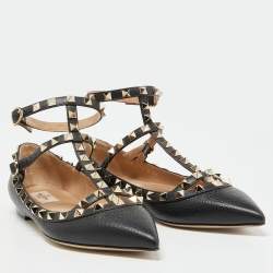 Pre Owned Valentino Black Leather Rockstud Flat Ankle Strap Sandals Size 37