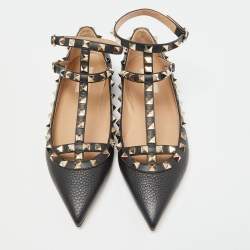 Pre Owned Valentino Black Leather Rockstud Flat Ankle Strap Sandals Size 37