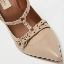 Pre Owned Valentino Beige Leather Love Latch Pumps Size 38.5