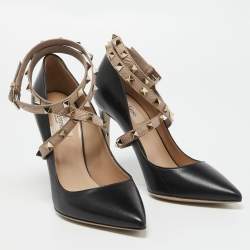 Pre Owned Valentino Black Leather Rockstud Ankle Wrap Pumps Size 38