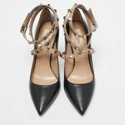Pre Owned Valentino Black Leather Rockstud Ankle Wrap Pumps Size 38