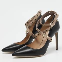 Pre Owned Valentino Black Leather Rockstud Ankle Wrap Pumps Size 38