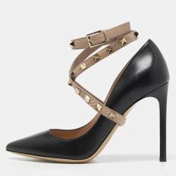 Pre Owned Valentino Black Leather Rockstud Ankle Wrap Pumps Size 38